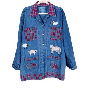 Vintage Women’s Patchwork Denim Barn Chore Coat L Farm Cottagecore Blue Red